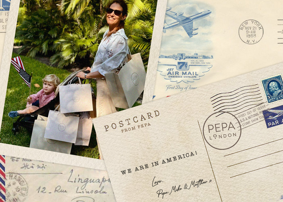 Collage of vintage postal cards with an image of Pepa and Matthew in Miami.