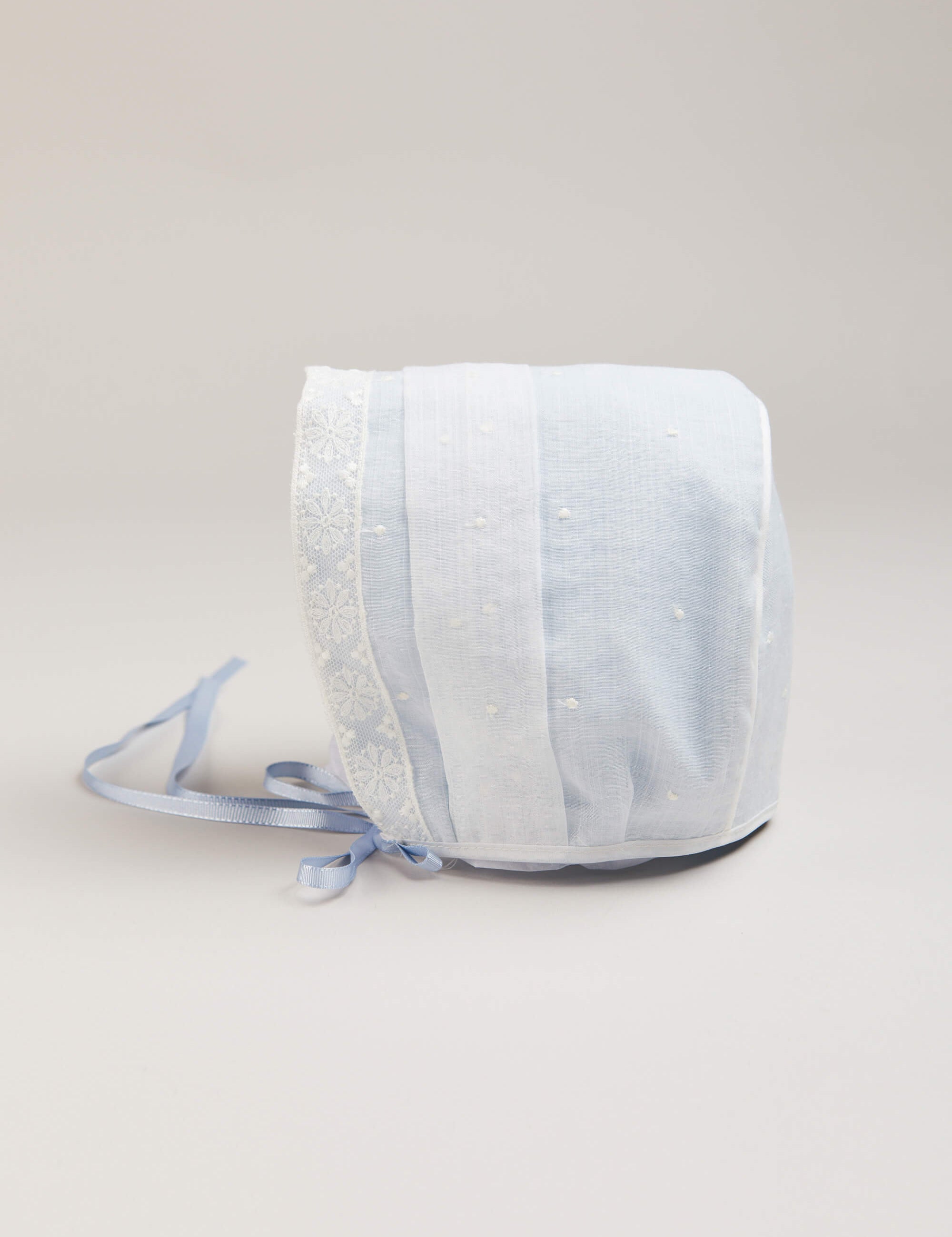 Lace Trim Embroidered Bonnet in Pale Blue (3mths-2yrs) Bonnets from Pepa London
