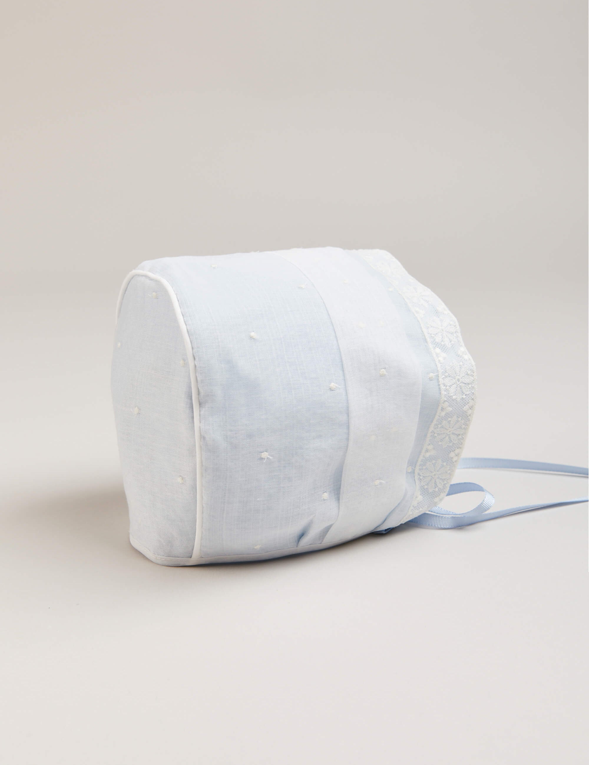 Lace Trim Embroidered Bonnet in Pale Blue (3mths-2yrs) Bonnets from Pepa London