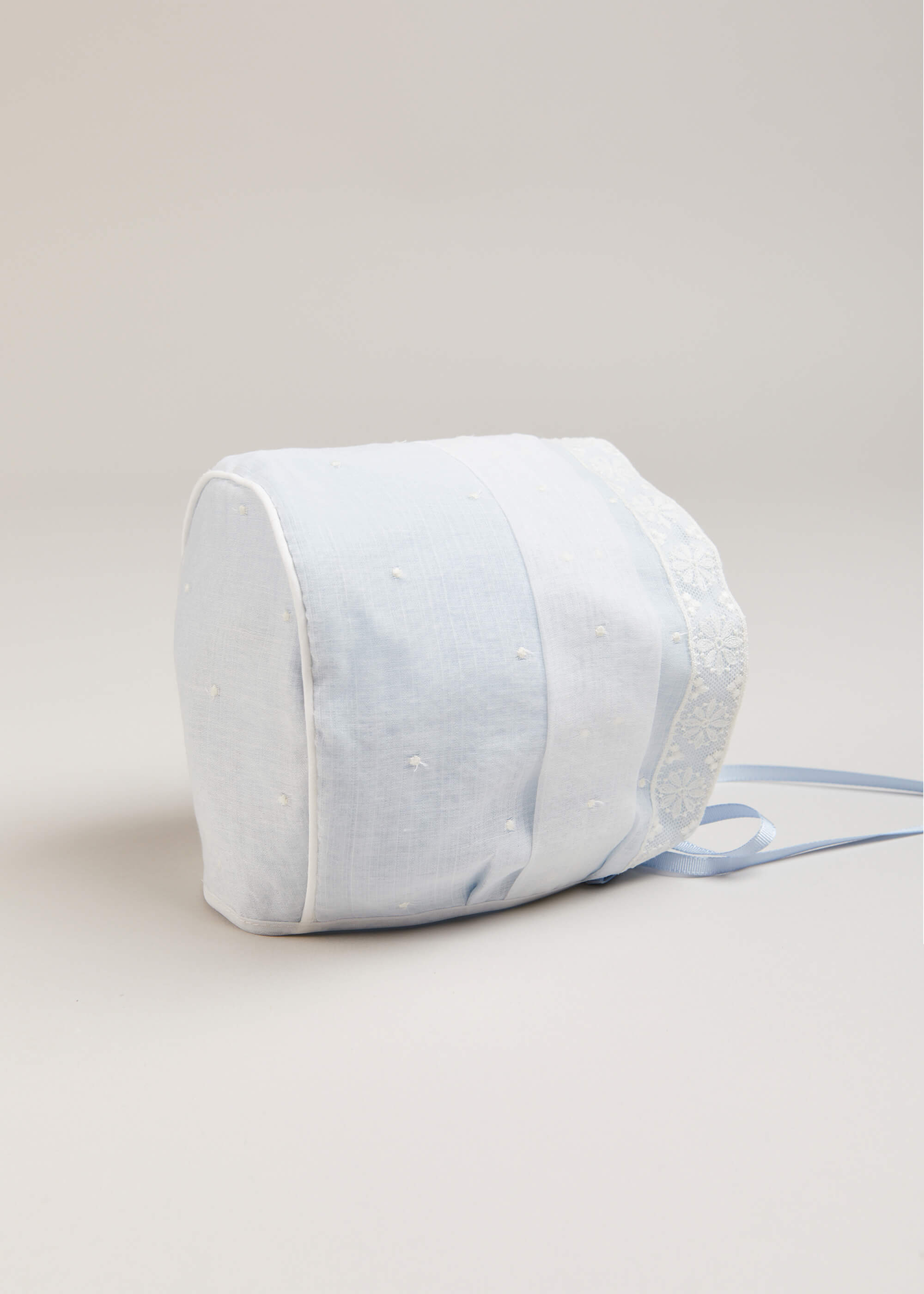 Lace Trim Embroidered Bonnet in Pale Blue (3mths-2yrs) Bonnets from Pepa London