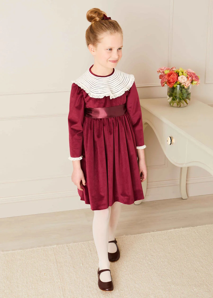 Velvet Handmade Collar Long Sleeve Dress in Burgundy | Pepa London Velvet Handmade Collar Long Sleeve Dress in Burgundy | Pepa London