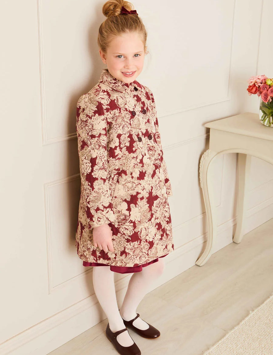 Eleanor Floral Jaquard Coat in Burgundy (4-10yrs) Coats from Pepa London