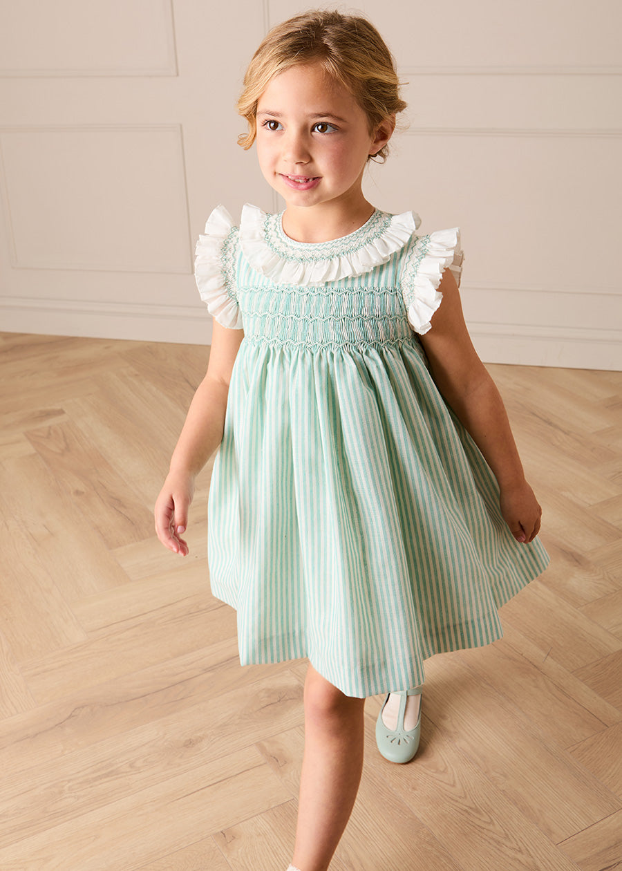 Wimbledon Stripe Hand Smocked Cap Sleeve Dress in Green | Pepa London Wimbledon Stripe Hand Smocked Cap Sleeve Dress in Green | Pepa London