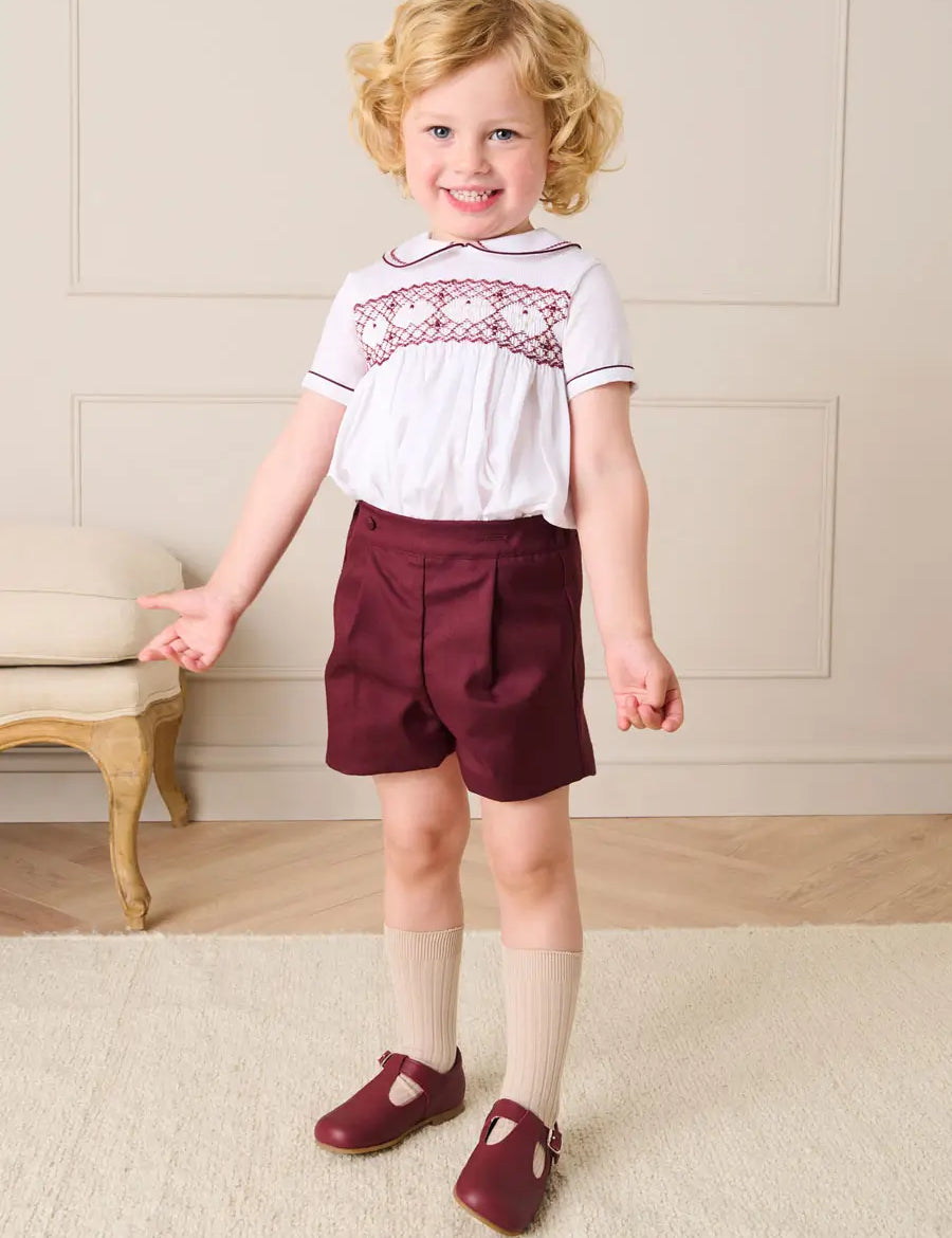 Hand Smocked Peter Pan Collar Short Sleeve Two Piece Set in Burgundy (18mths-6yrs) TWO PIECE SETS from Pepa London