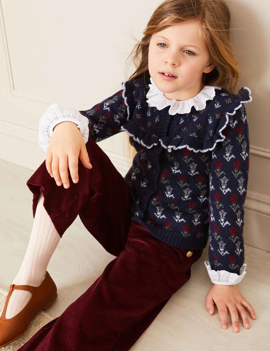 Floral Ruffle Bib Cardigan in Blue (2-10yrs) Knitwear from Pepa London
