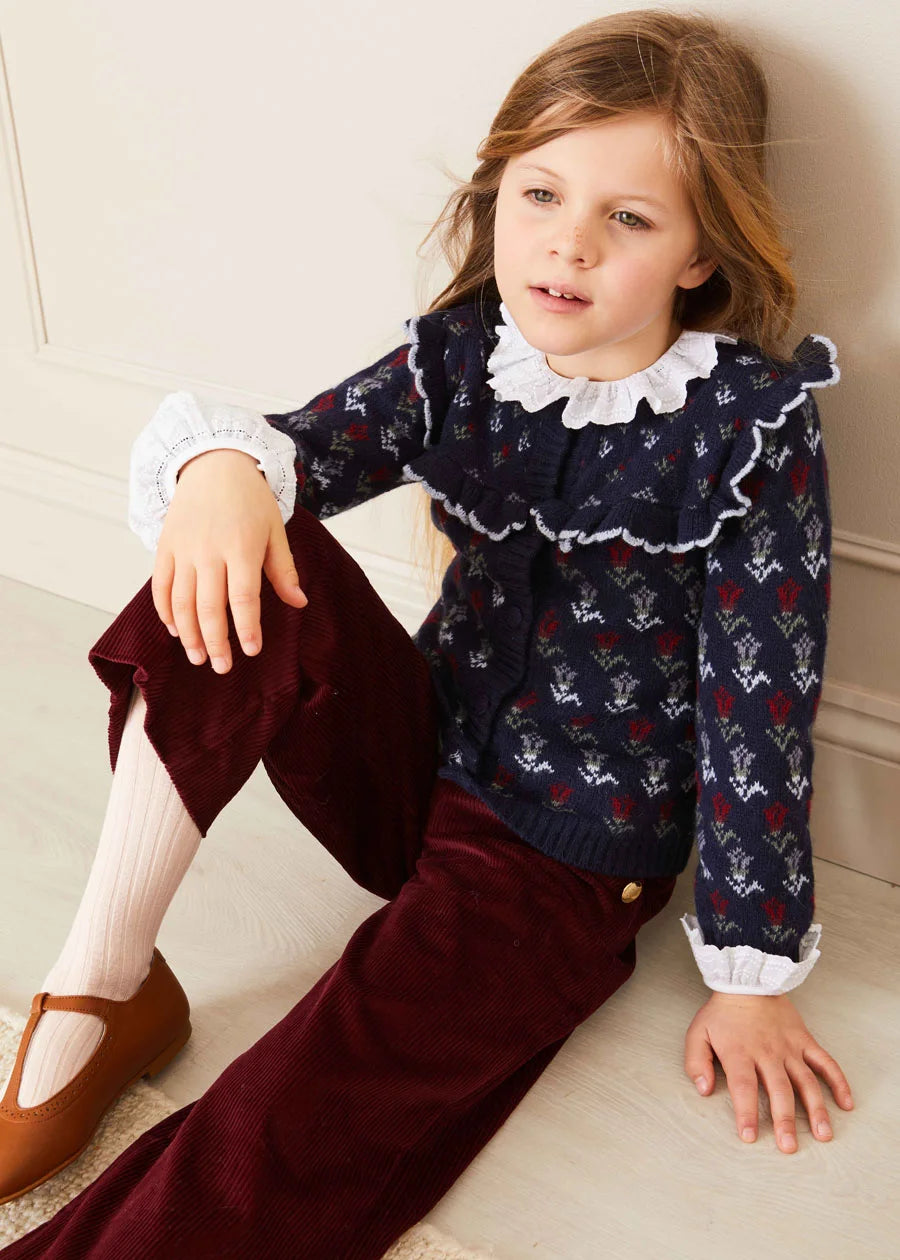 Floral Ruffle Bib Cardigan in Blue (2-10yrs) Knitwear from Pepa London