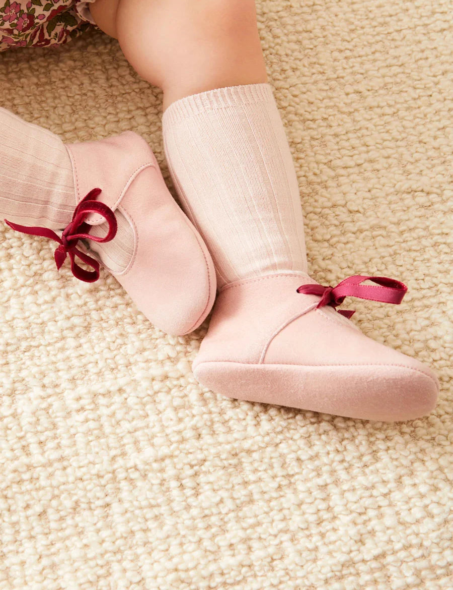 Suede Pink Baby Pram Shoes with Velvet Ribbon (17-20EU) Shoes from Pepa London