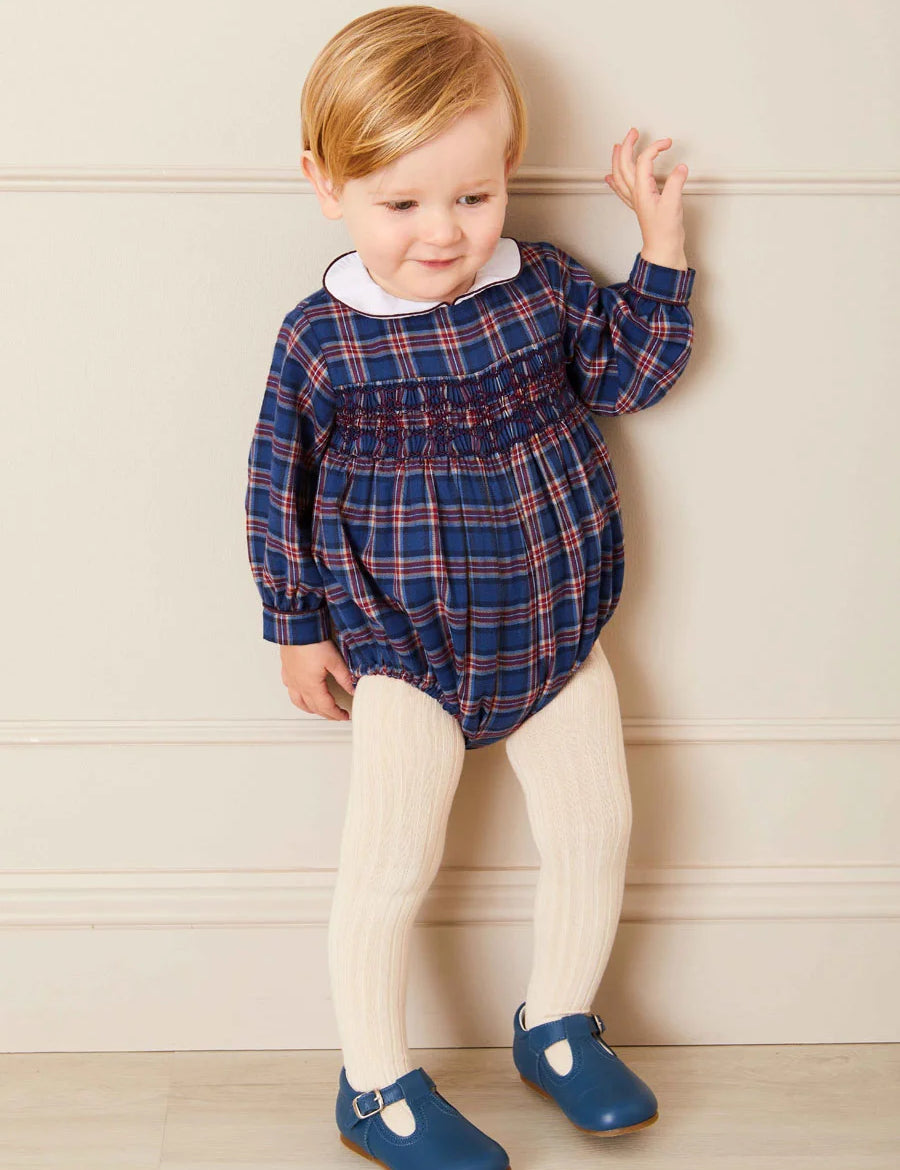 Eaton Check Hand Smocked Romper in Navy (6mths-2yrs) Rompers from Pepa London