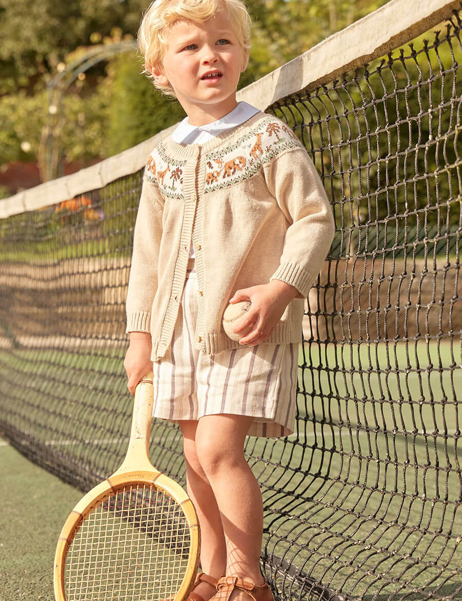 Safari Intarsia Cardigan in Beige (12mths-4yrs) Knitwear from Pepa London