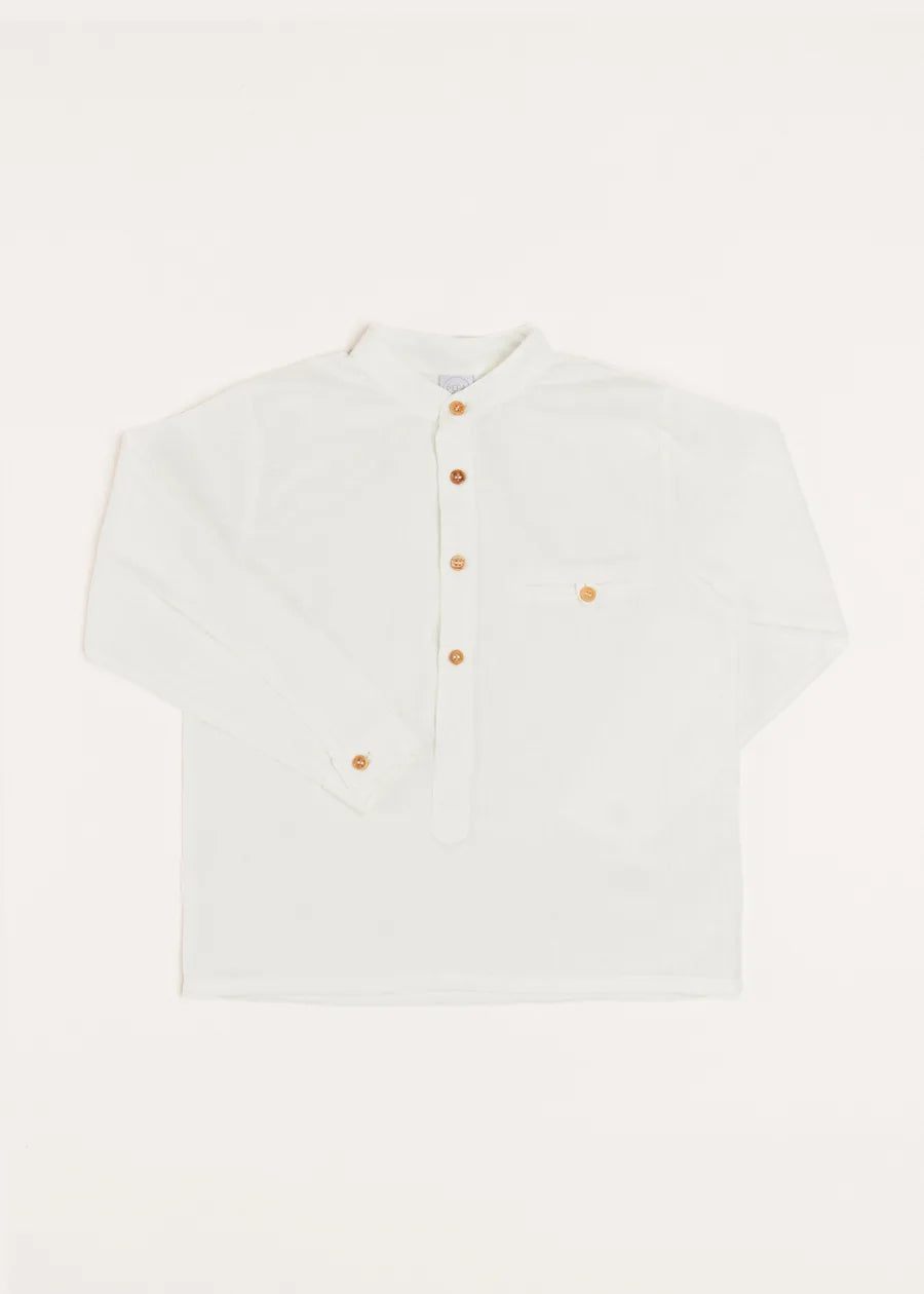 Linen Mao Collar Long Sleeve Shirt in White (12mths-10yrs) Shirts from Pepa London