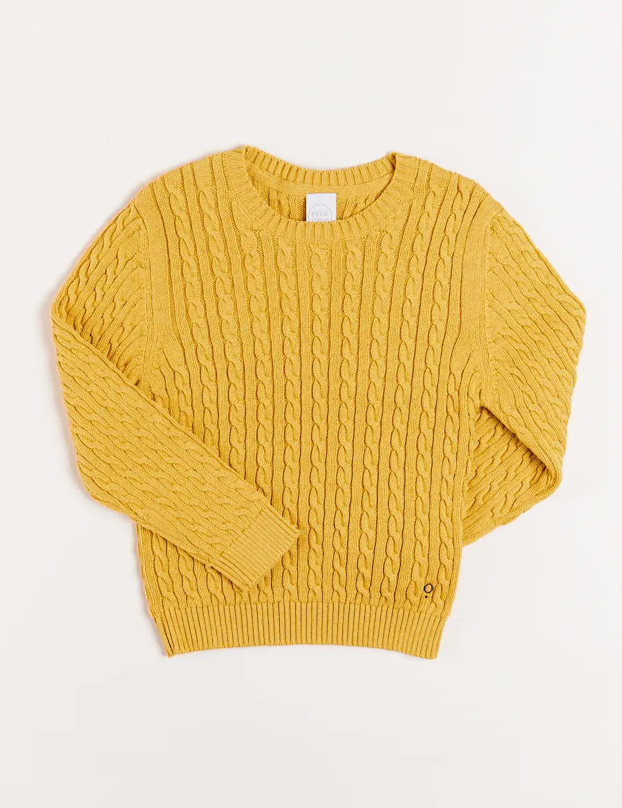 Cable Knit Crew Neck Jumper in Mustard (2-10yrs) Knitwear from Pepa London