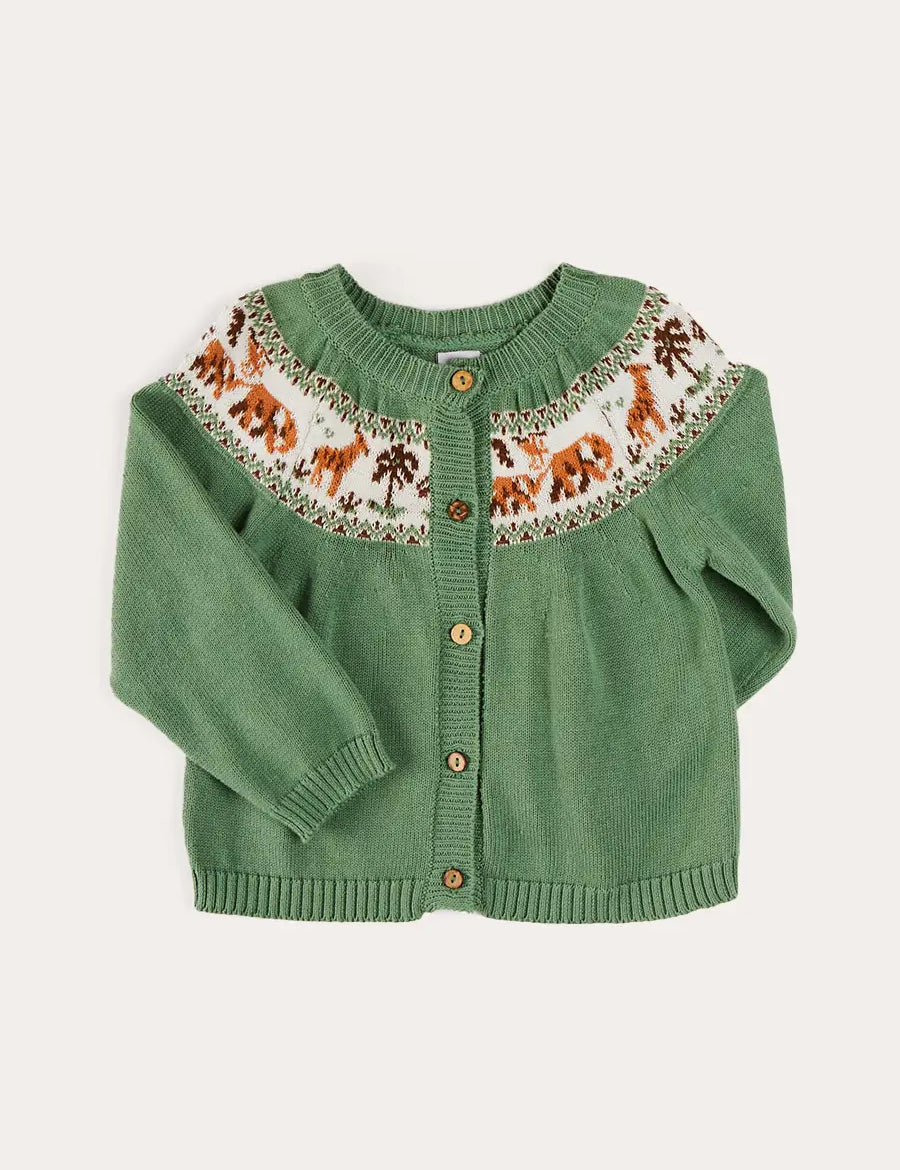 Safari Intarsia Cardigan in Green (6mths-6yrs) Knitwear from Pepa London