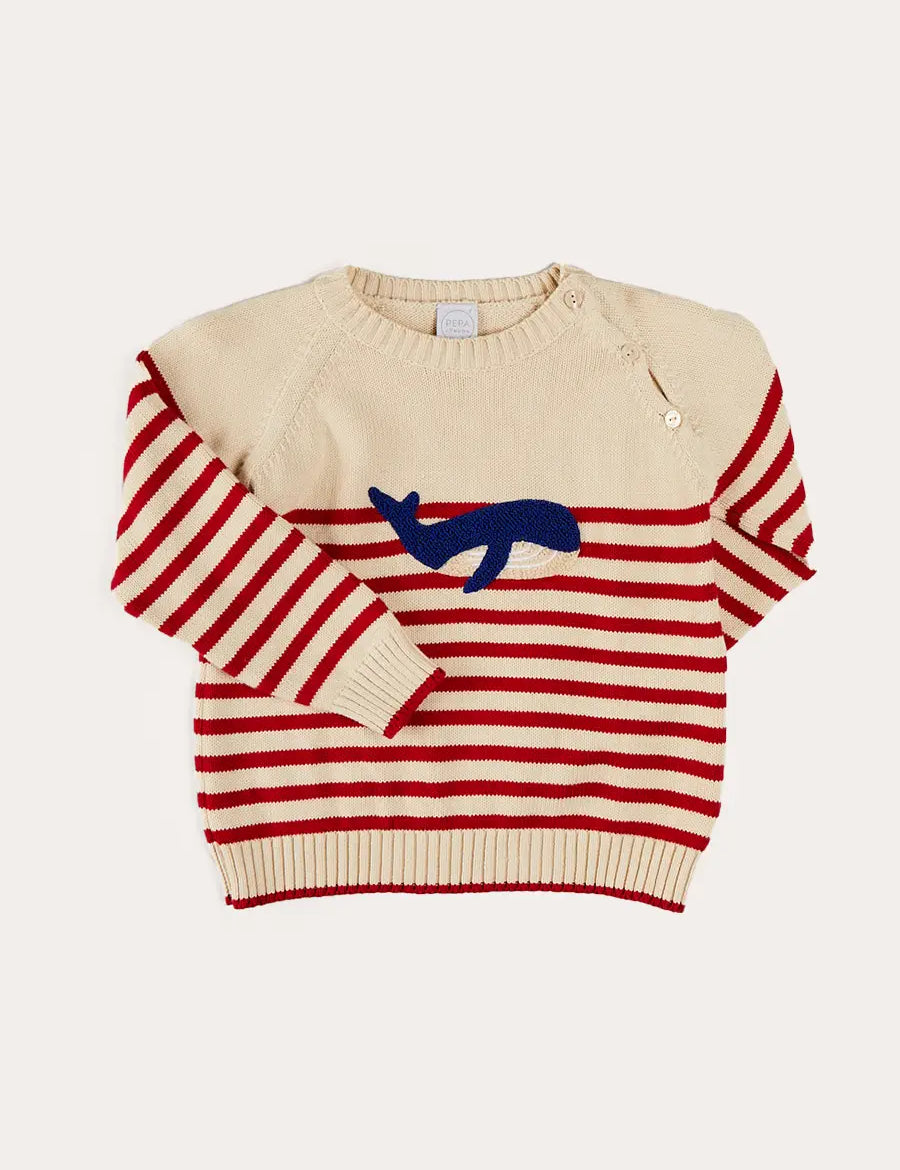 Whale Intarsia Striped Jumper in Red (6mths-6yrs) KNITWEAR from Pepa London