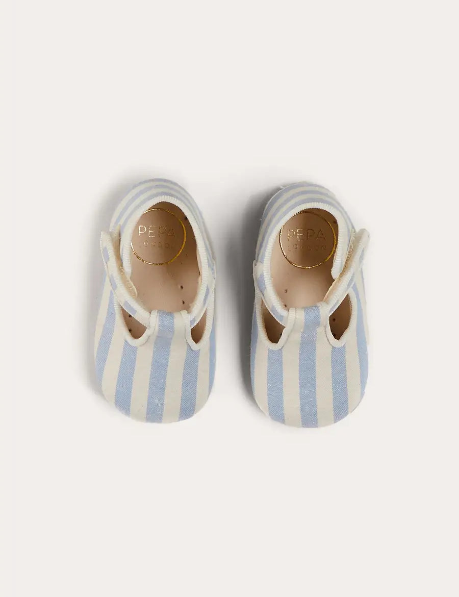 Regency Striped T-Bar Pram Shoes in Blue (17-20EU) SHOES from Pepa London