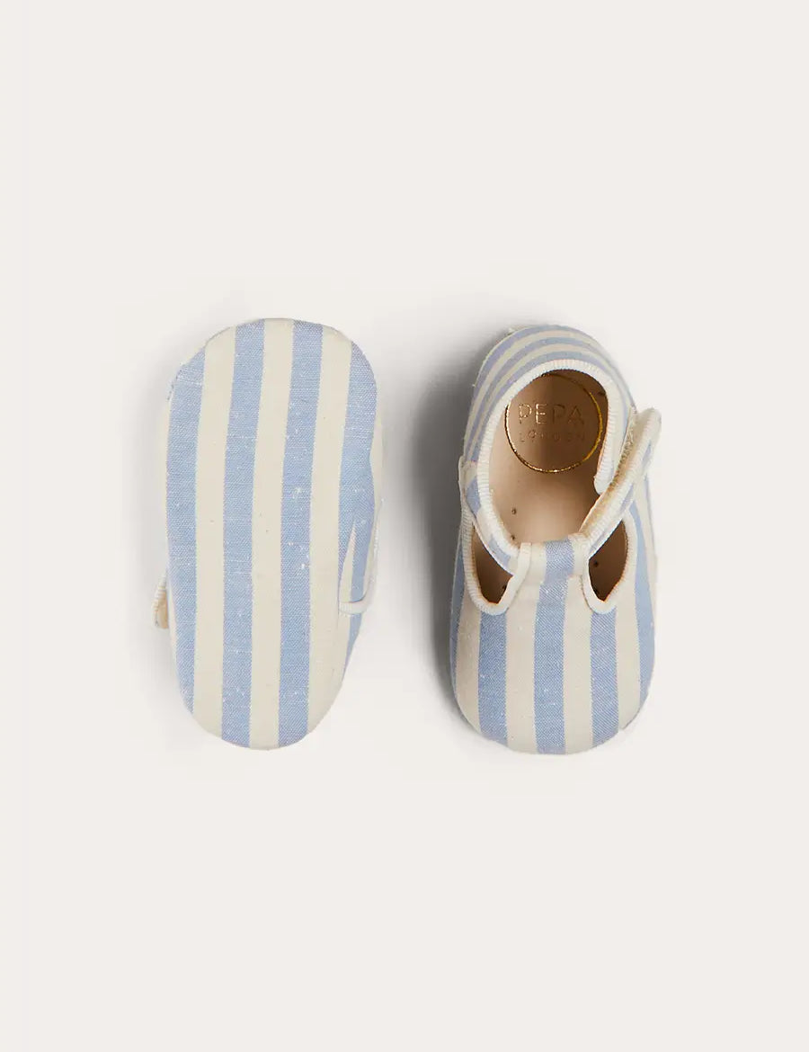 Regency Striped T-Bar Pram Shoes in Blue (17-20EU) SHOES from Pepa London