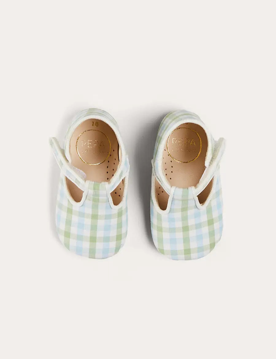 Maxwell Gingham T-Bar Pram Shoes in Green (17-20EU) SHOES from Pepa London