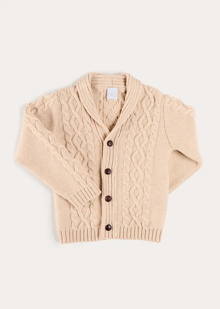 Cable Knit Shawl Neck Cardigan in Camel (2-10yrs) Knitwear from Pepa London