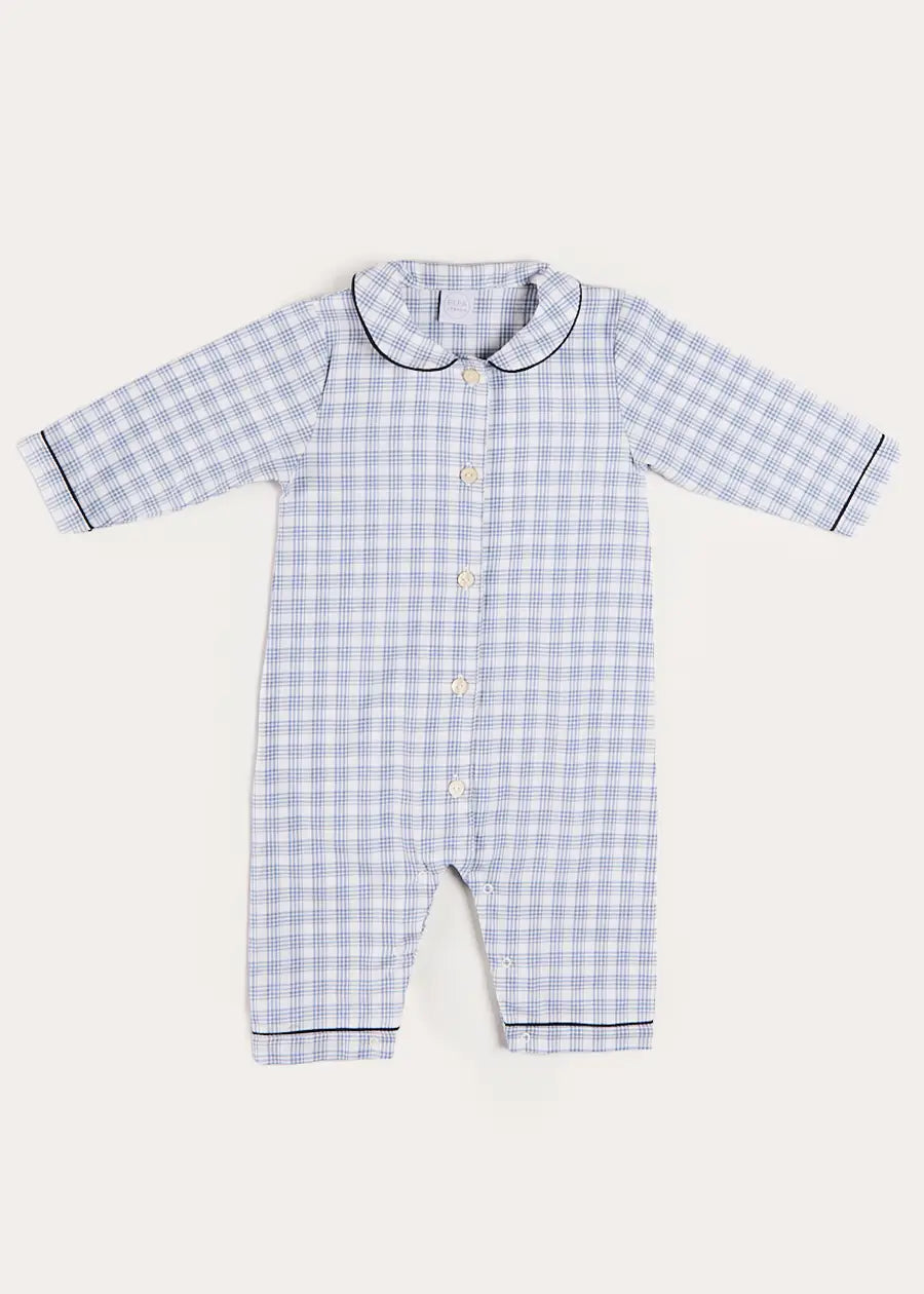 Wilfred Check Long Sleeve All In One Pyjamas in Blue (6mths-3yrs) NIGHTWEAR from Pepa London