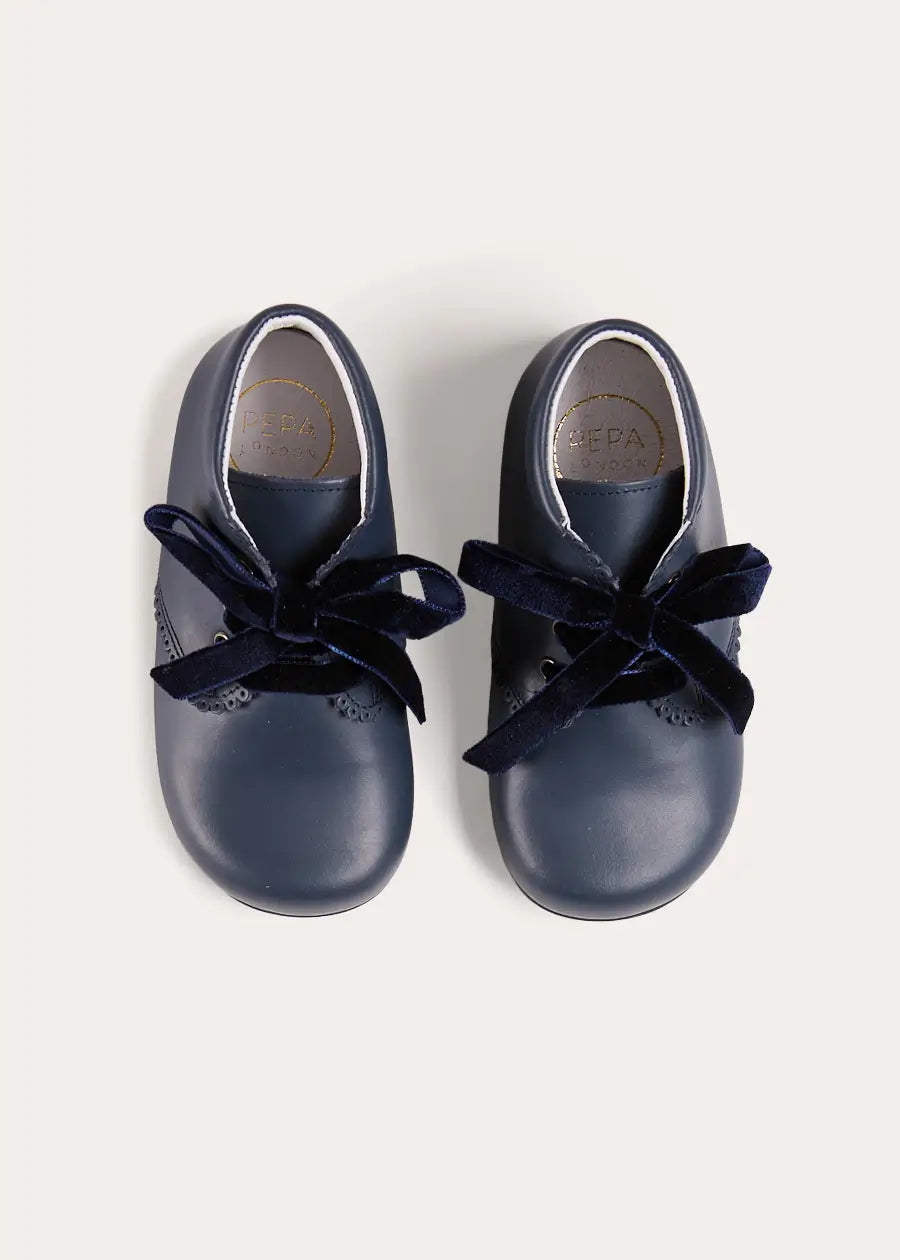 Leather Velvet Ribbon Lace Up Booties in Navy (17-26EU) Shoes from Pepa London