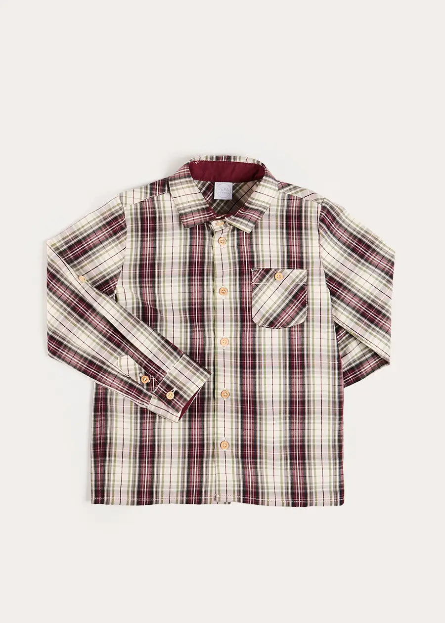 Whittaker Check Polo Collar Long Sleeve Shirt in Brown (3-10yrs) Shirts from Pepa London