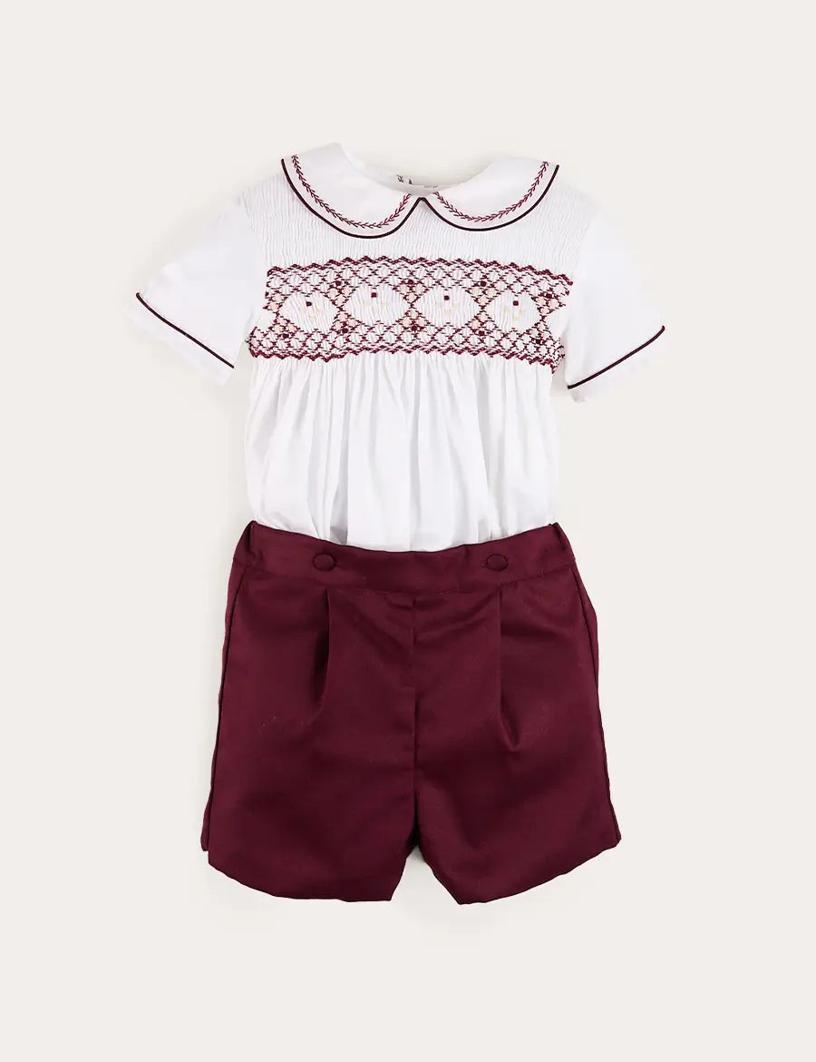 Hand Smocked Peter Pan Collar Short Sleeve Two Piece Set in Burgundy (18mths-6yrs) TWO PIECE SETS from Pepa London