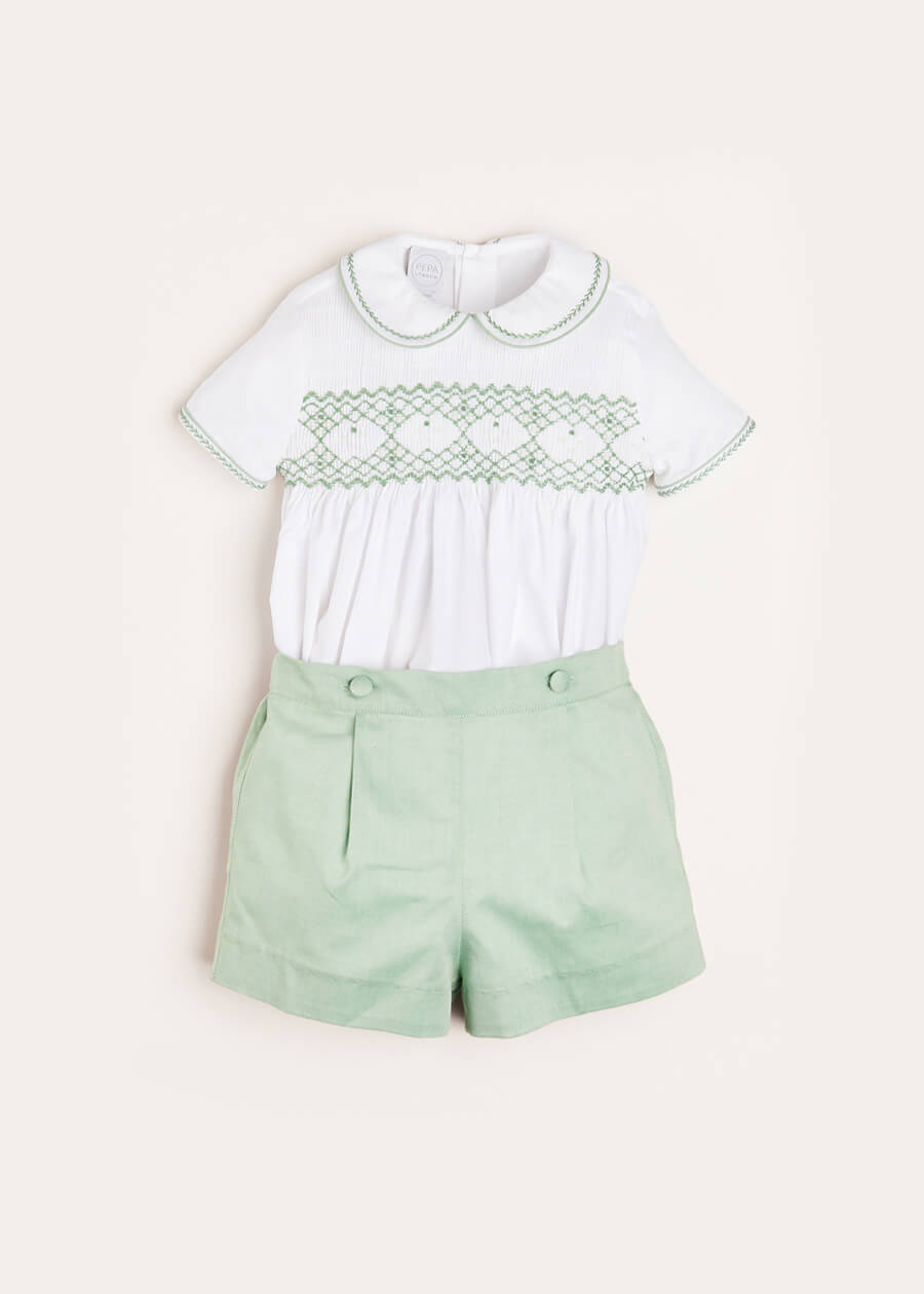 Hand Smocked Peter Pan Collar Short Sleeve Two Piece Set in Green (18mths-6yrs) Two Piece Set  from Pepa London