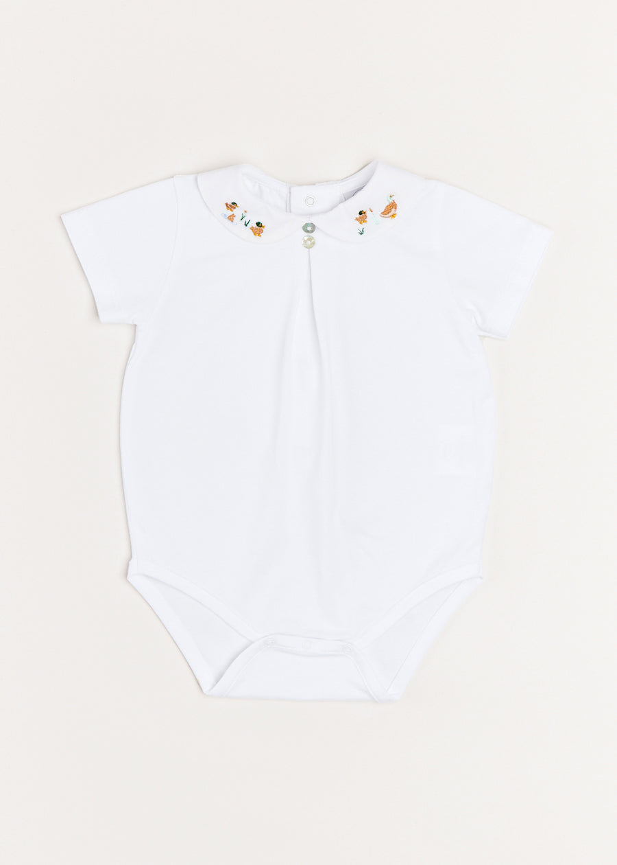Peter Pan Collar Duck Embroidery Short Sleeve Bodysuit in White (3mths-2yrs) Tops & Bodysuits  from Pepa London