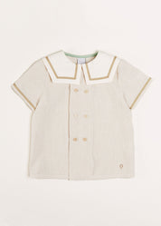 Striped Mariner Collar Short Sleeve Shirt in Beige (12mths-6yrs) Shirts from Pepa London