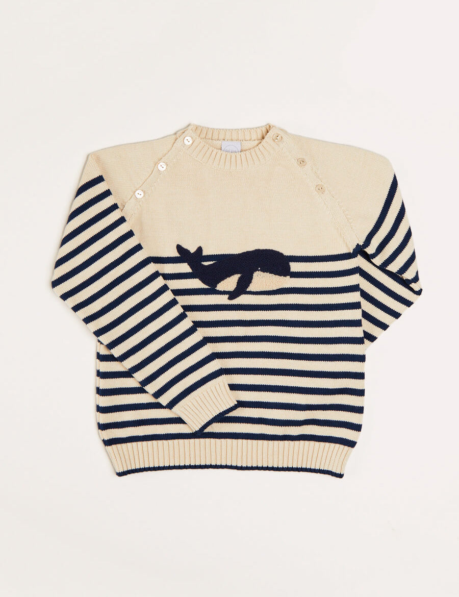 Whale Intarsia Striped Jumper in Blue (6mths-10yrs) Knitwear from Pepa London