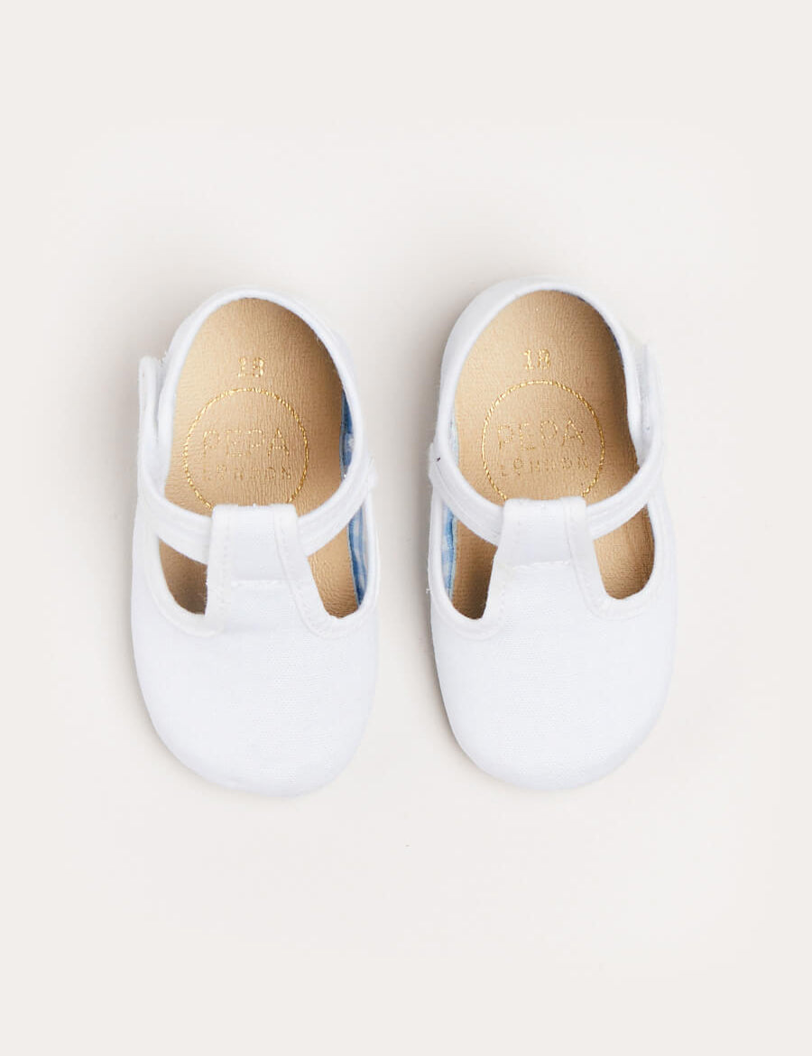 Woven T-Bar Pram Shoes in White (17-20EU) Shoes from Pepa London