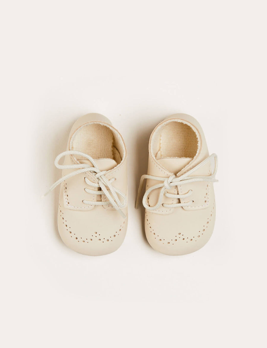 Celebration Lace-up T-Bar Pram Shoes in Beige (17-20EU) Shoes from Pepa London