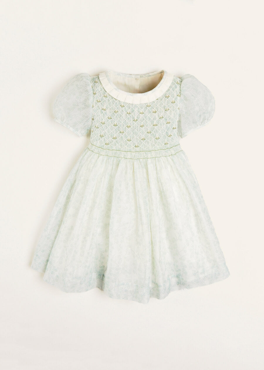 Constance Floral Print Hand Smocked Short Sleeve Party Dress in Light Green (12m-10yrs) Dresses from Pepa London