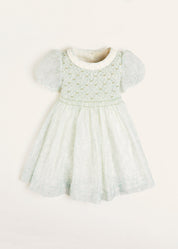 Constance Floral Print Hand Smocked Short Sleeve Party Dress in Light Green (12m-10yrs) Dresses from Pepa London