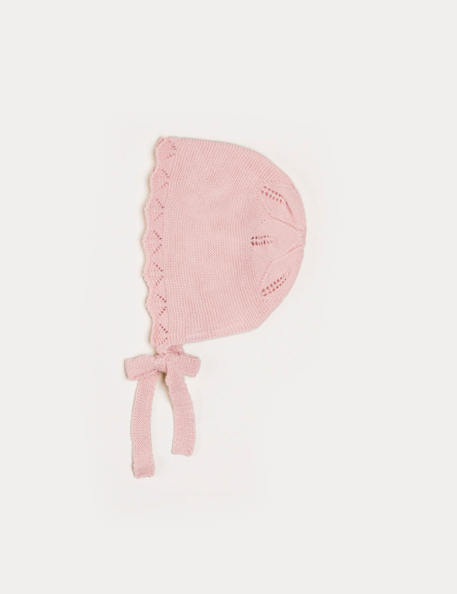 Openwork Knitted Bonnet in Pink (S-L) Knitted Accessories from Pepa London