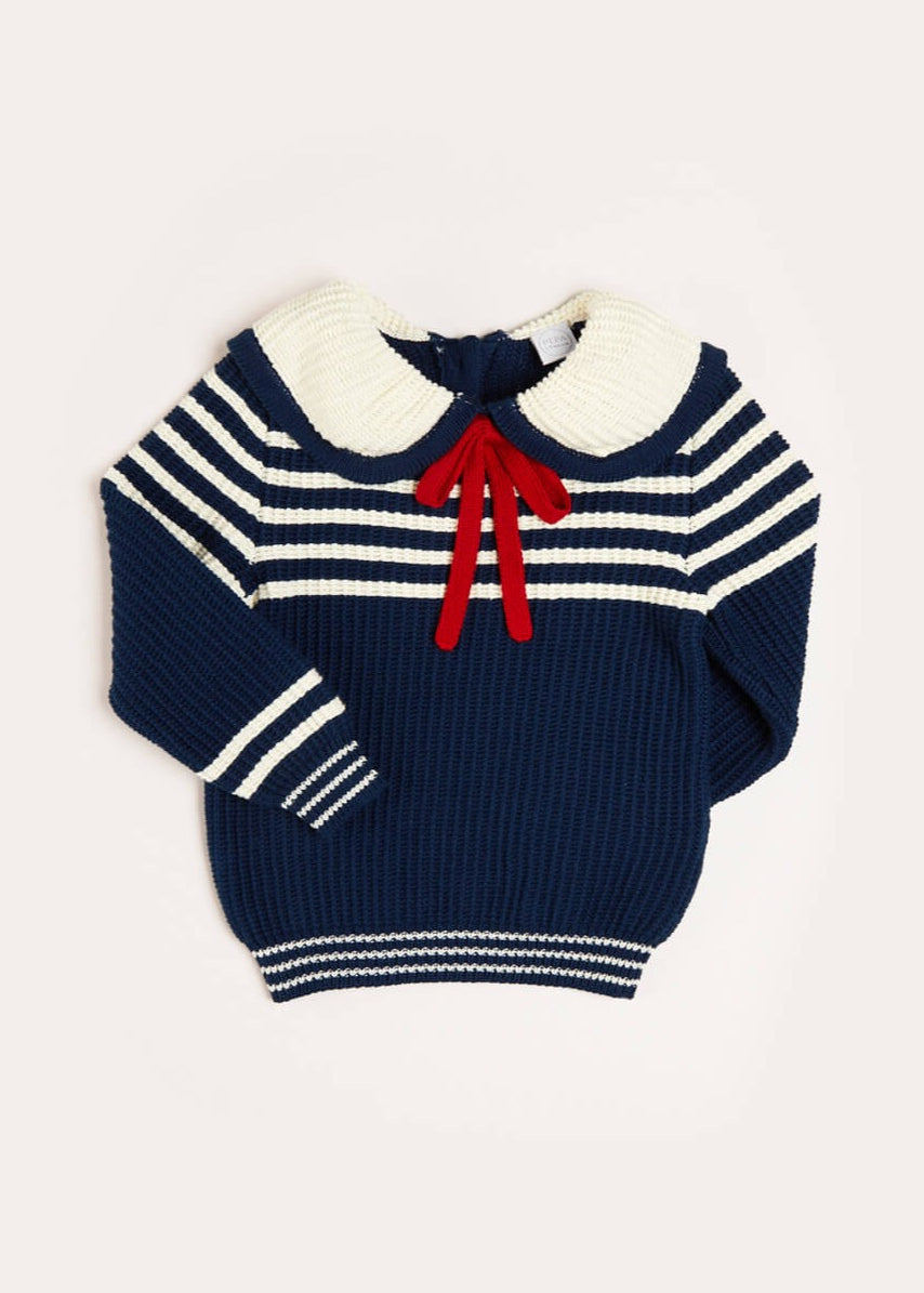 Striped Mariner Collar Jumper in Navy (12mths-10yrs) Knitwear from Pepa London