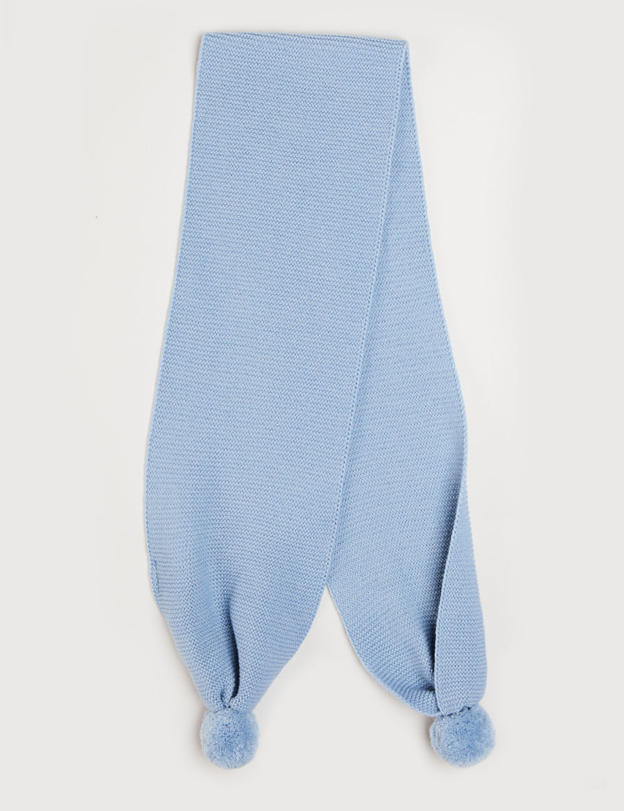 Merino Wool Pom Pom Scarf In Blue KNITTED ACCESSORIES from Pepa London