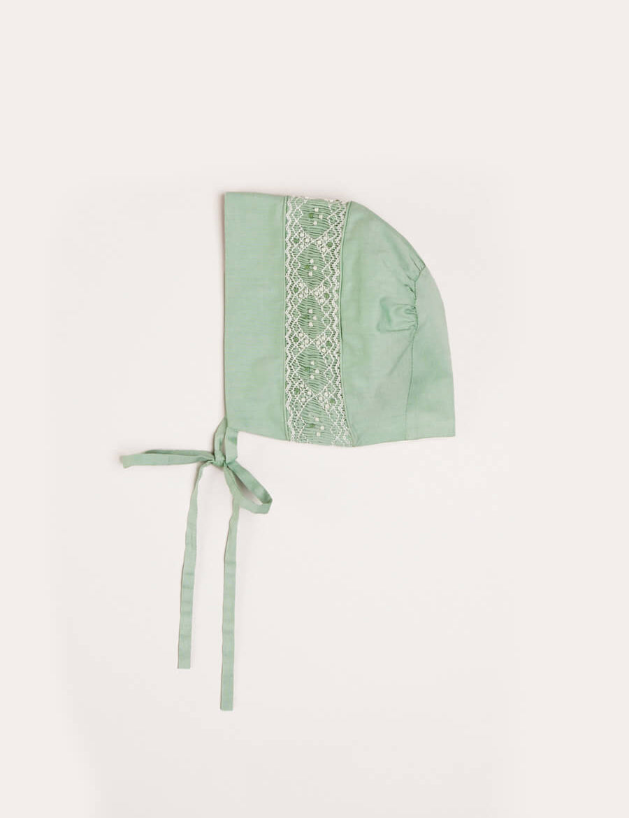 Plain Hand Smocked Bonnet in Green Knitted Accessories from Pepa London