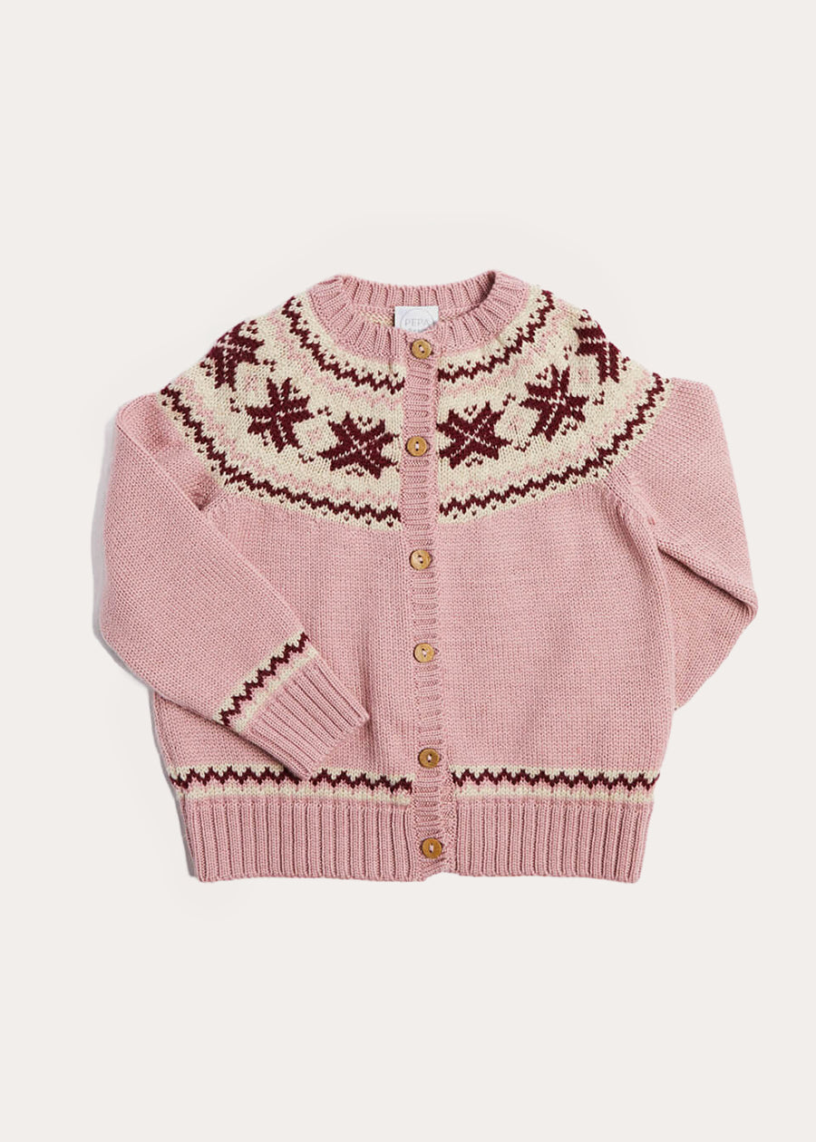 Classic Fair Isle Cardigan With Rib Details in Pink (12mths-10yrs) Knitwear from Pepa London