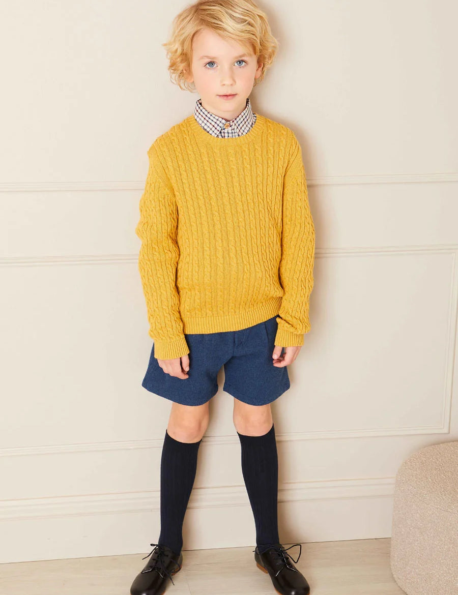 Cable Knit Crew Neck Jumper in Mustard (2-10yrs) Knitwear from Pepa London