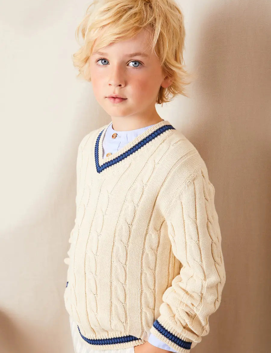 Cable Knit V-Neck Jumper in Cream (4-10yrs) Knitwear from Pepa London