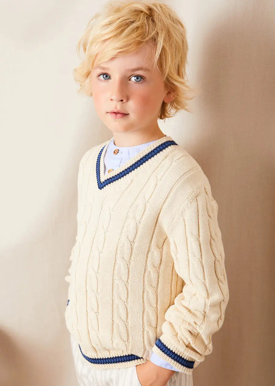 Cable Knit V-Neck Jumper in Cream (4-10yrs) Knitwear from Pepa London