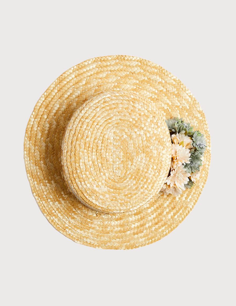 Faux Flower Straw Boater Hat in Teal Blue Accessories from Pepa London