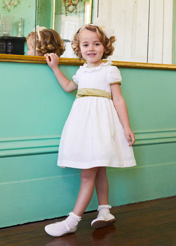 Flower Girl White Dress with Green Silk Sash Pepa London Flower Girl White Dress with Green Silk Sash Pepa London