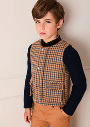 Vincent Check Velvet Collar Pocket Detail Vest Gillet in Brown (4-10yrs) Coats from Pepa London
