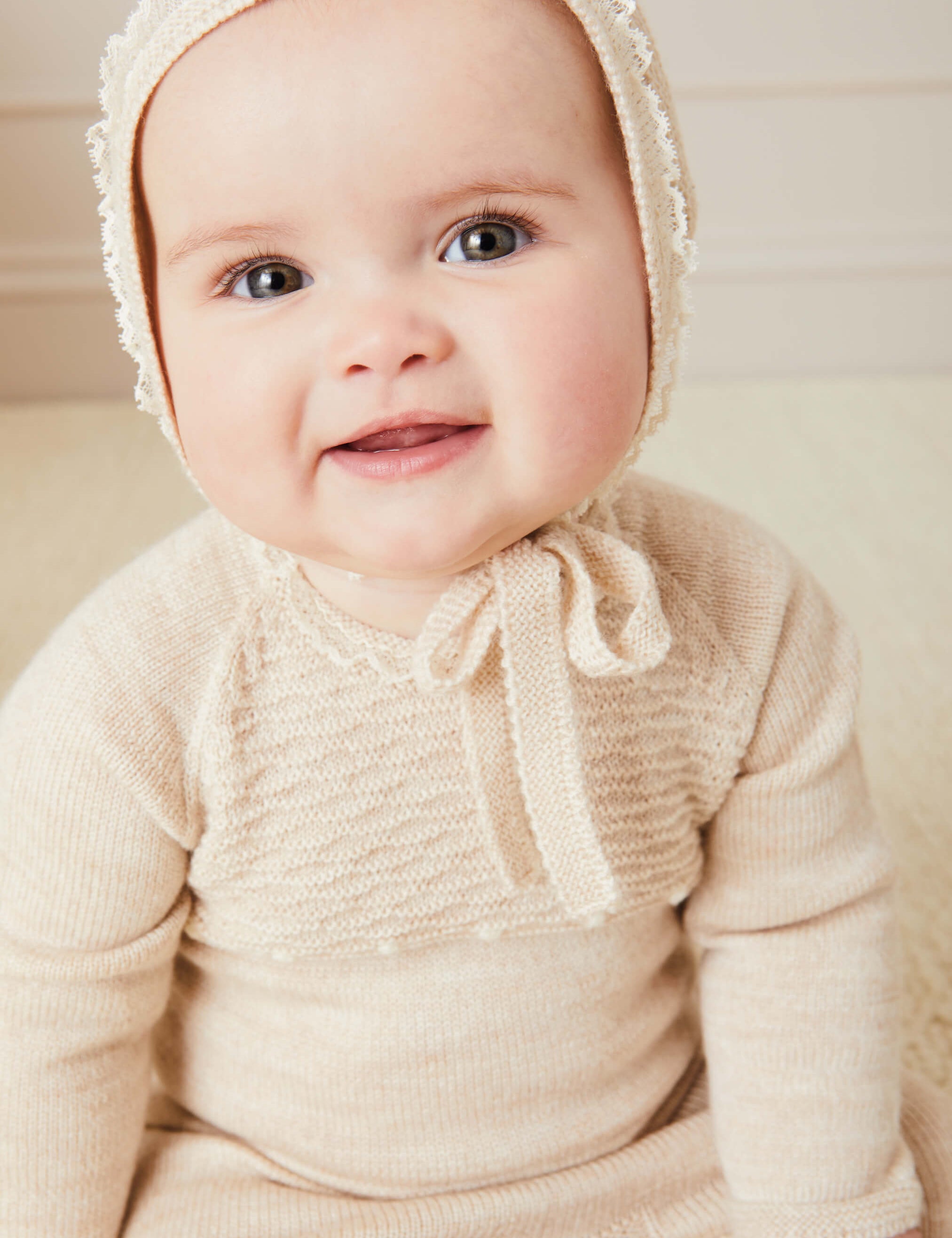 Knitted Lace Trim 2 Piece Set In Beige (1-6mths) ALL-IN-ONE from Pepa London