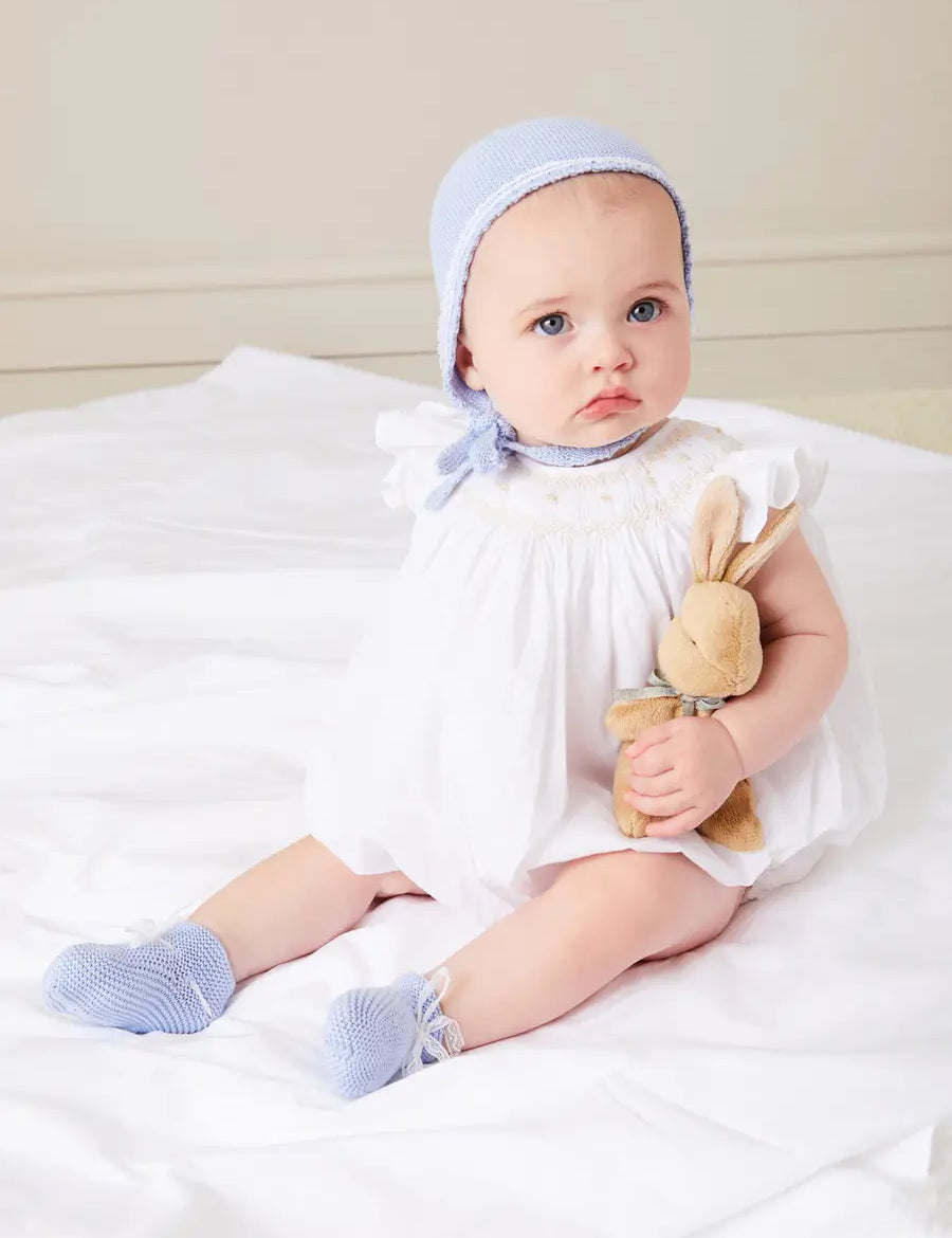 Hand Smocked Sleeveless Romper in White (3-18mths) ROMPERS from Pepa London