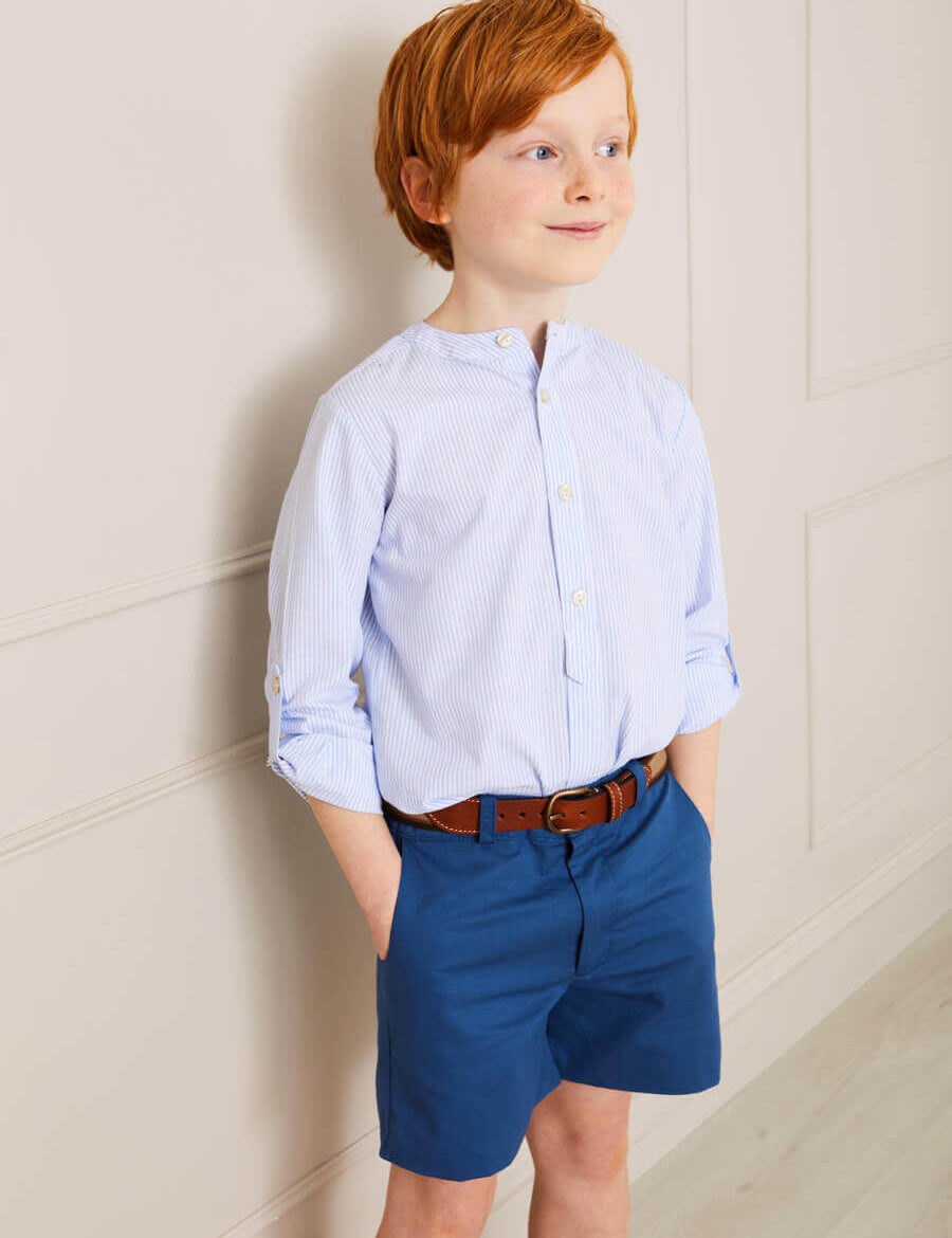 Striped Mao Collar Long Sleeve Shirt in Blue (4-10yrs) Shirts from Pepa London