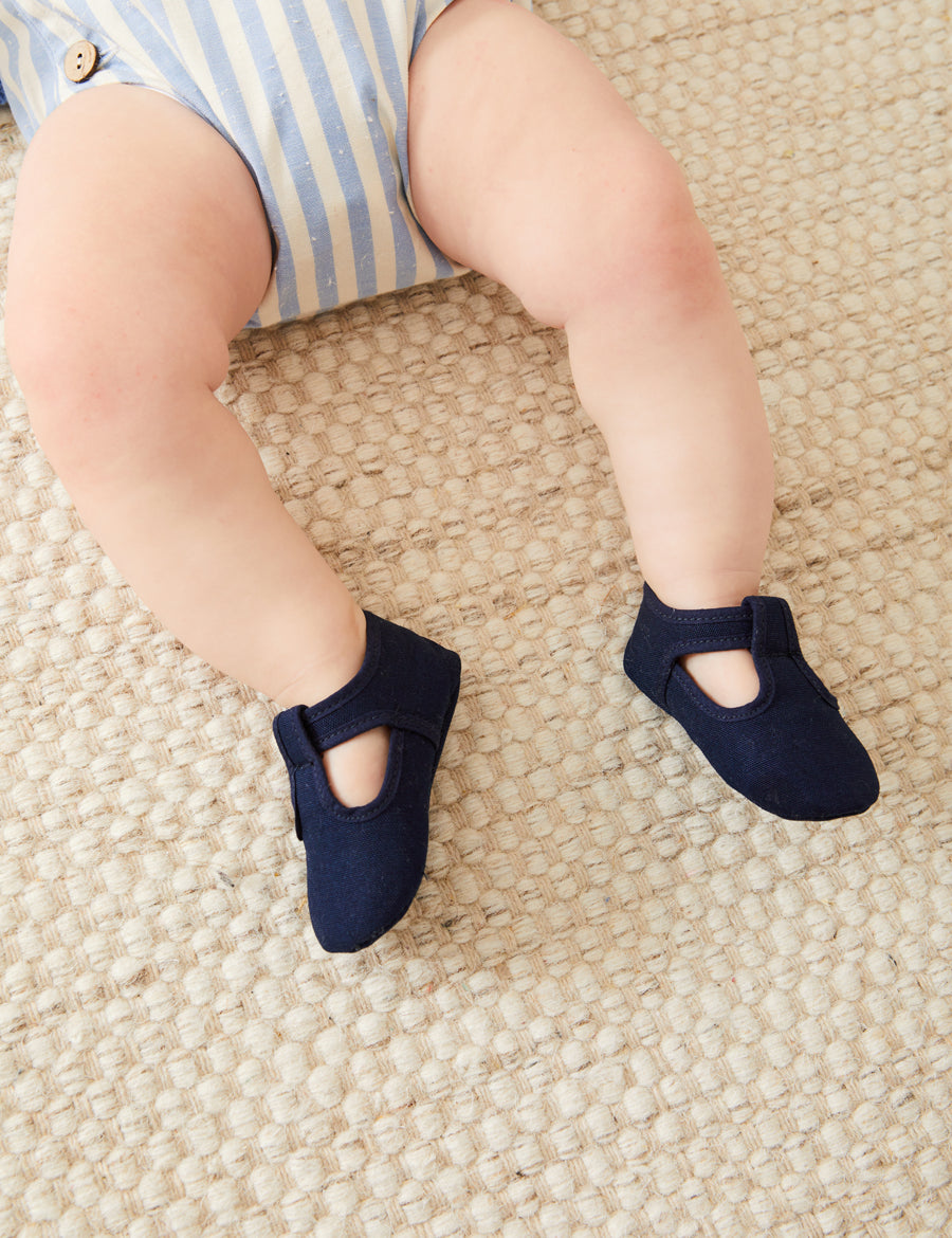 Woven T-Bar Pram Shoes in Navy (17-20EU) Shoes from Pepa London
