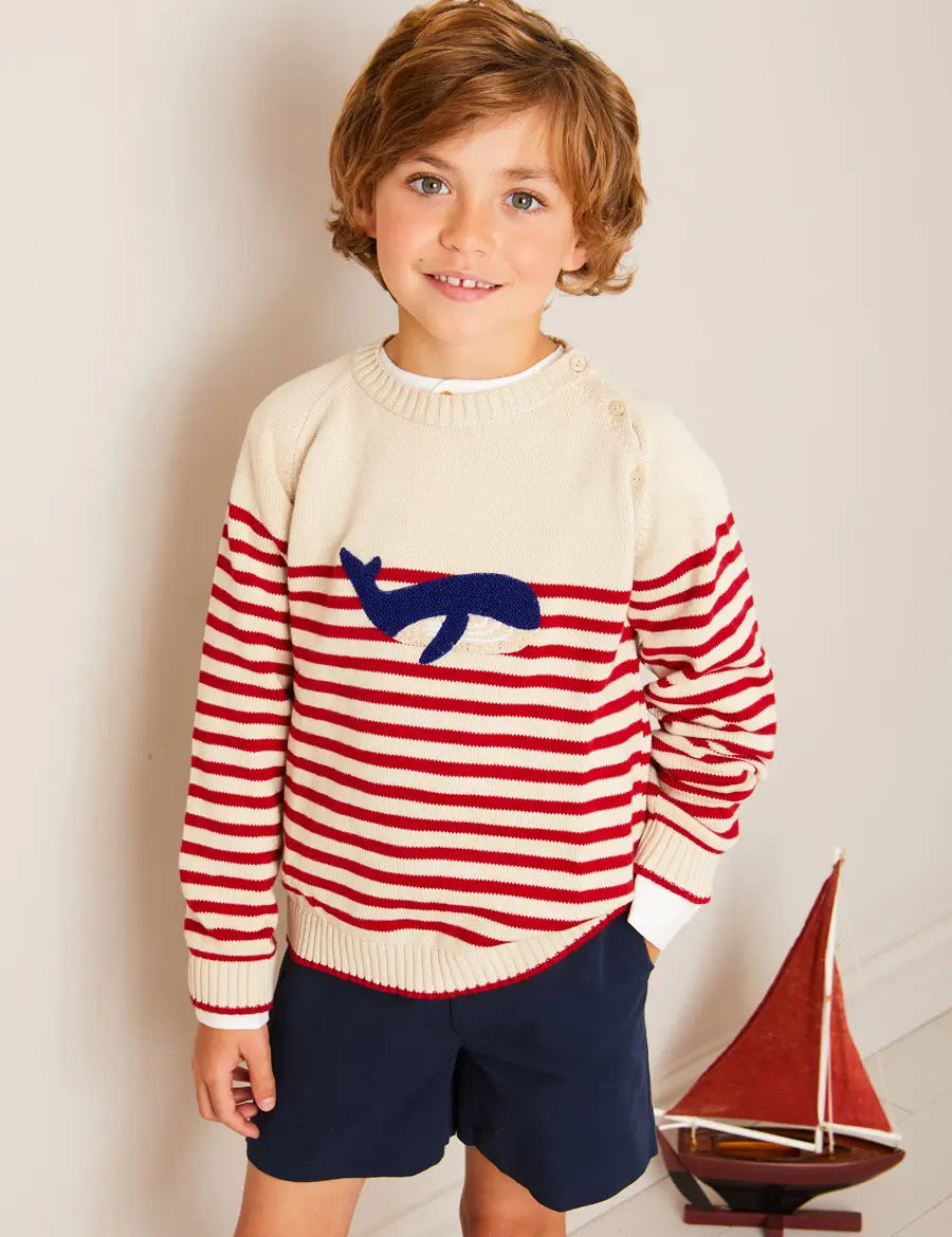 Whale Intarsia Striped Jumper in Red (6mths-6yrs) KNITWEAR from Pepa London