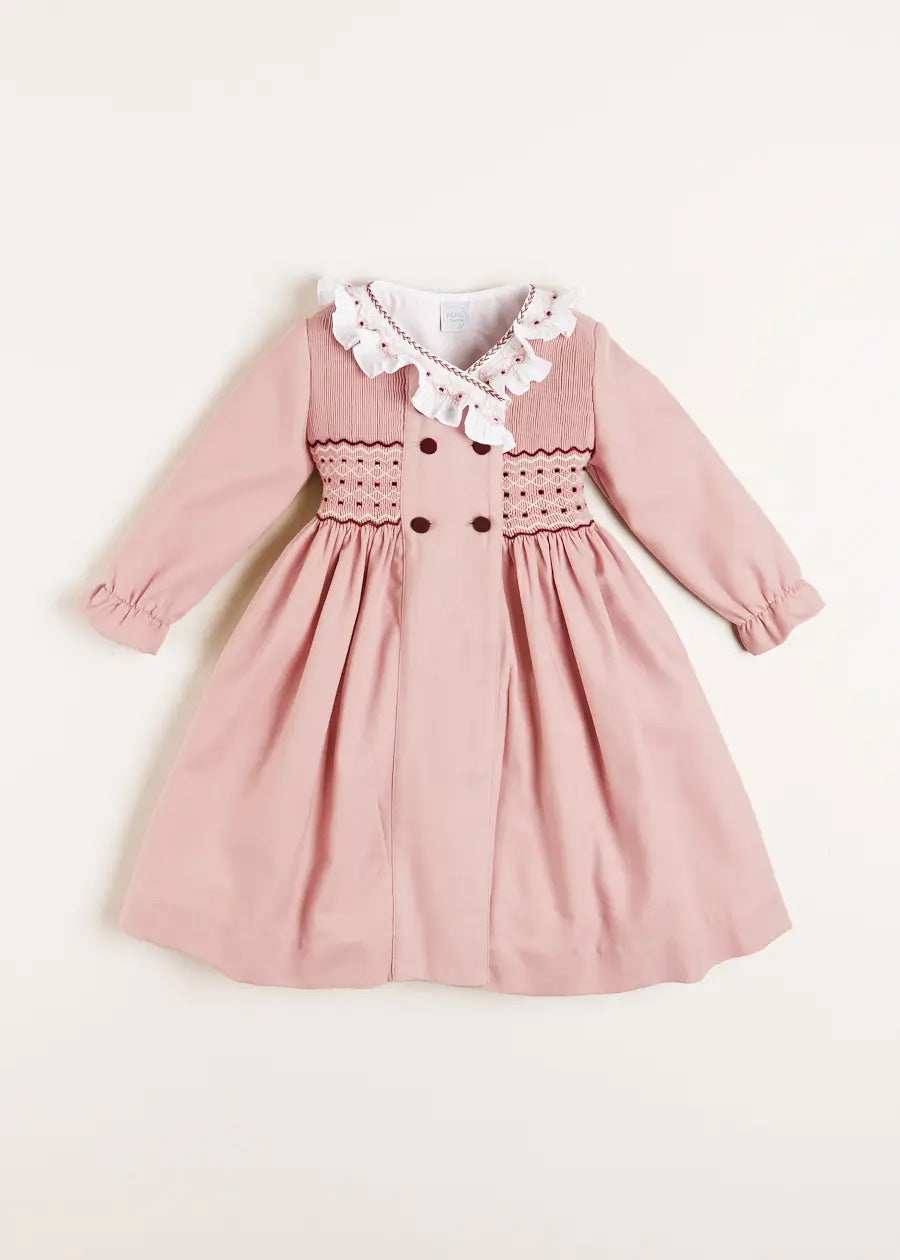 Hand Smocked Double Breasted Long Sleeve Dress in Pink (12mths-10yrs) Dresses from Pepa London